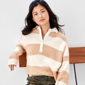 American Eagle Tan/Cream Striped Collared 3/4 Button Up Sweater